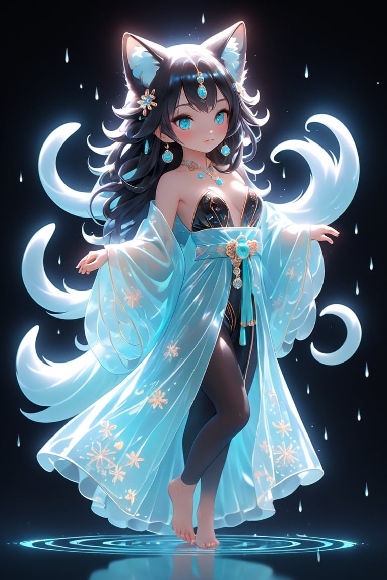 long hair, beautiful fur, body, full body, furry skin, fantasy, subsurface scattering, perfect anatomy, glow, bloom, bioluminescent liquid, chinese style, cinematic still,, (masterpiece, top quality, best quality , Official Art, Beauty and Aesthetics: 1.2), (1 Girl), Extremely Detailed, (Abstract, Fractal Art: 1.3), Colorful Hair, Most Detailed, Detailed Eyes, Snowflakes, Ice Crystals, Light Particles, Black Cat Girl , baby face, perfect body, five fingers, perfect hands, anatomically perfect body, sexy pose, (aqua eyes), (black hair), long straight hair, (black fur strapless kimono), barefoot, Cat, Dancing Pose, Dynamic Angle, Depth of Field, Super Detailed, Highly Detailed, Beautiful, Small Detail, Super Detailed, Best Quality, 4k, (Full Body), Civet Pendant, Mythical Cloud,Spirit Fox Pendant