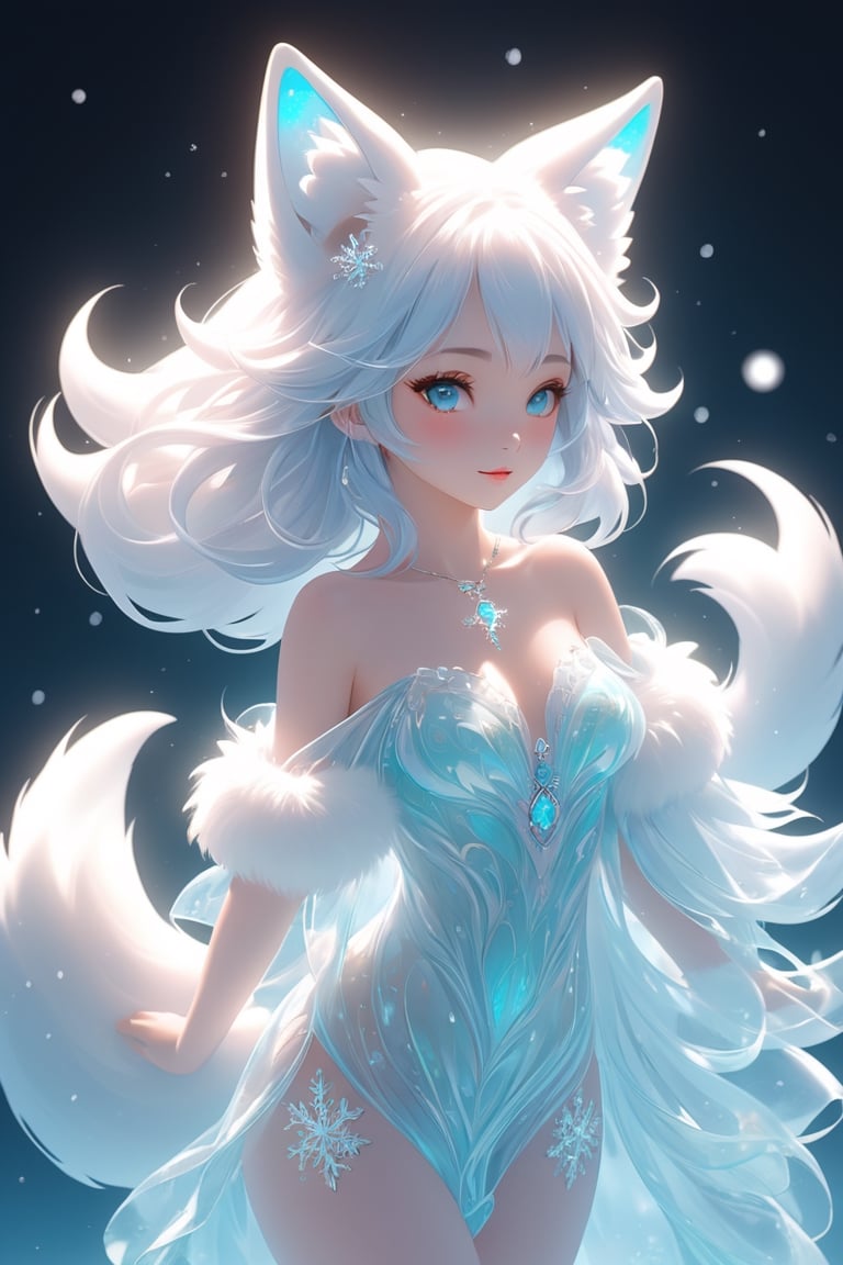 the fur beautiful, body, full body, hairyskin,fantasy, subsurface scattering, perfect anatomy,  glow, bloom, Bioluminescent liquid,china style,Movie Still, royal color, vibrant, volumetric light (masterpiece, top quality, best quality, official art, beautiful and aesthetic:1.2), (1girl),extreme detailed,(abstract, fractal art:1.3),colorful hair,highest detailed, detailed_eyes,snowflakes, ice crystals, light_particles,snow fox girl,babyface, perfect body, five fingers, perfect hands, anatomically perfect body, sexy posture,(aqua eyes),(white hair), long straight hair,(white fur off-shoulder ), barefeet, fox, dance Stance,dynamic angle,depth of field, hyper detailed, highly detailed, beautiful, small details, ultra detailed, best quality, 4k,(whole body),spirit fox Pendant,mythical clouds