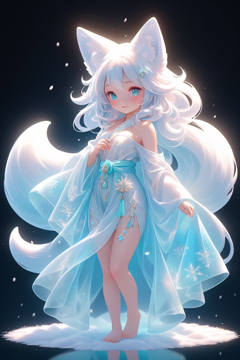 the fur beautiful, body, full body, hairyskin,fantasy, subsurface scattering, perfect anatomy,  glow, bloom, Bioluminescent liquid,china style,Movie Still, royal color, vibrant, volumetric light (masterpiece, top quality, best quality, official art, beautiful and aesthetic:1.2), (1girl),extreme detailed,(abstract, fractal art:1.3),colorful hair,highest detailed, detailed_eyes,snowflakes, ice crystals, light_particles,snow fox girl,babyface, perfect body, five fingers, perfect hands, anatomically perfect body, sexy posture,(aqua eyes),(white hair), long straight hair,(white fur off-shoulder kimono), barefeet, fox, dance Stance,dynamic angle,depth of field, hyper detailed, highly detailed, beautiful, small details, ultra detailed, best quality, 4k,(whole body),spirit fox Pendant,mythical clouds