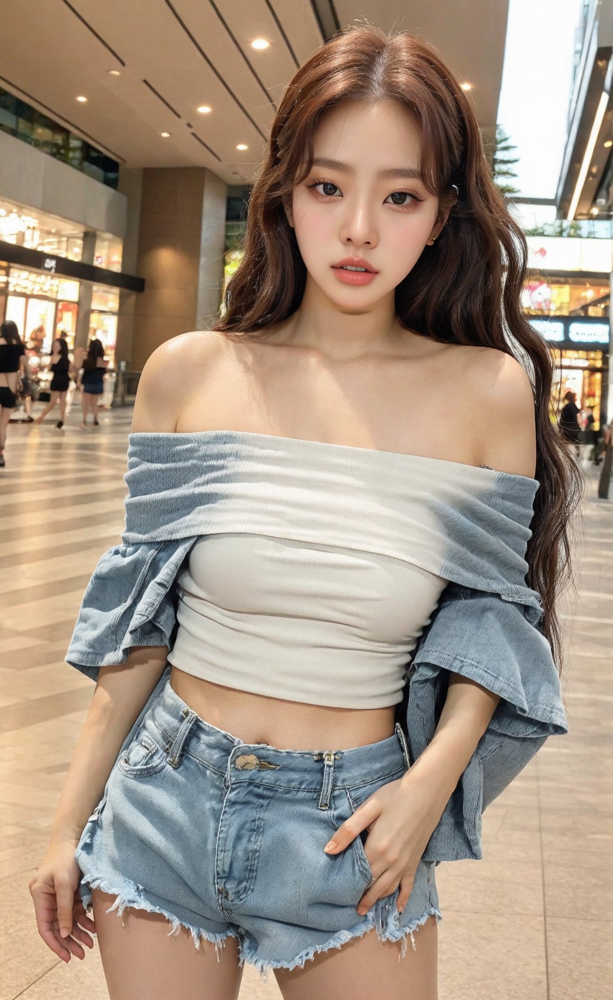 1girl, korean, wavy hair, off shoulder top and denim shorts, up to knees, outdoor, cute pose, mall, glossy lips, full body, realistic, wonyounglorashy