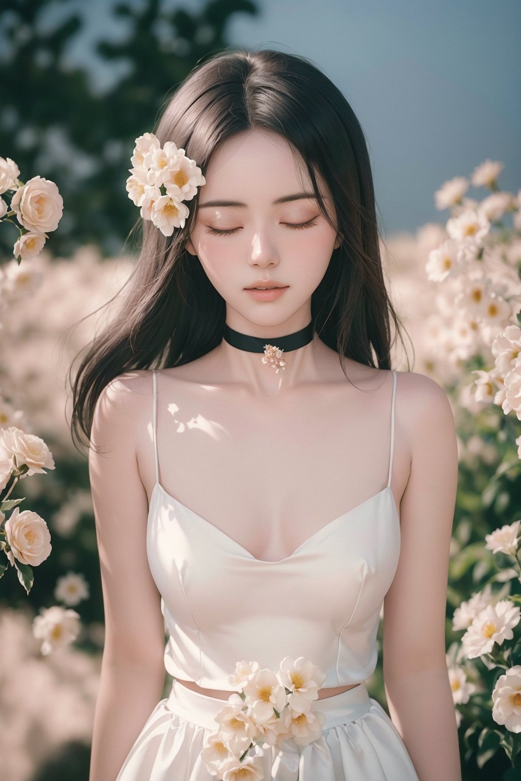 analog photo, a cute girl, 22 years old, black hair, pale skin,White soft satin skirt, choker,((using flowers cover left eyes)), vintage, faded film, film grain,  dark background,Illustration,beautiful deatailed shadow,dust,tyndall effect,lots of detail,hyperdetalization,Upper body