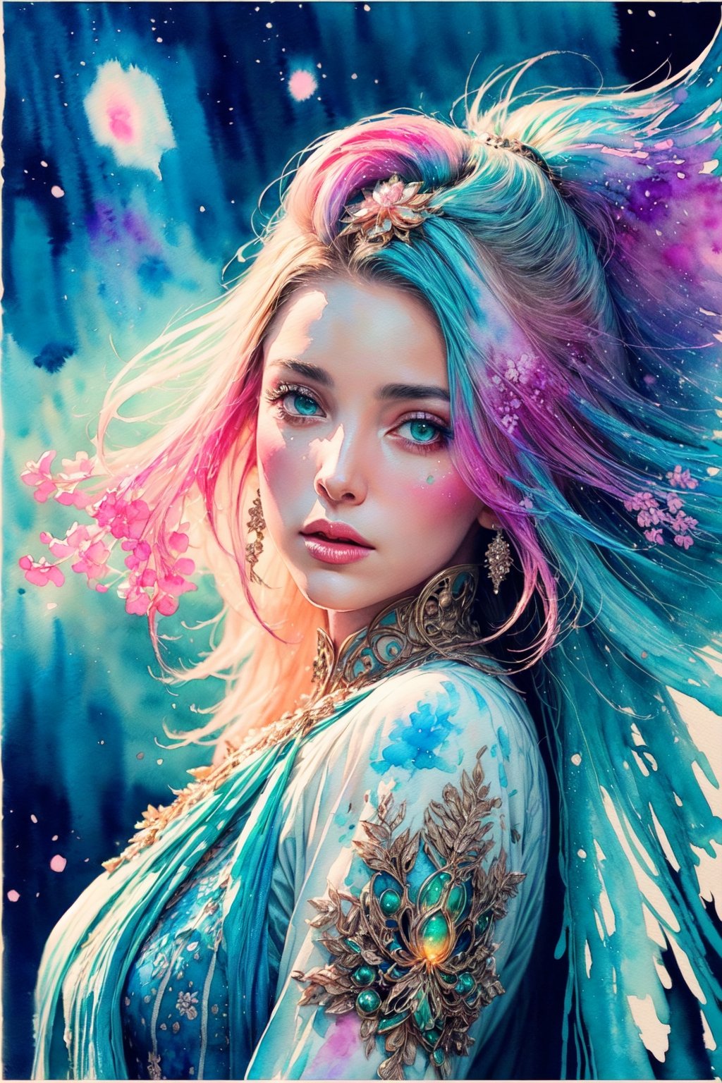 (closeup shot),(masterpiece, best quality, high quality, highres, ultra-detailed),(a very beautiful female:1.4),(colorful dress+intricate details),(complex detailed:1.3), magical+fantasy theme, colorful tone,(black+blue+pink+green color:1.2),high contrast,elegant, (watercolor style:1.5),watercolor, vibrant color,(mixing of realistic+watercolor), by Thomas Moran ,(dynamic pose:1.1),BREAK,(Colorful nebular in background:1.4),