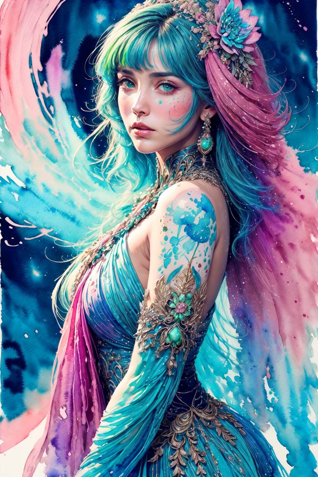 (closeup shot),(masterpiece, best quality, high quality, highres, ultra-detailed),(a very beautiful female:1.4),(colorful dress+intricate details),(complex detailed:1.3), magical+fantasy theme, colorful tone,(black+blue+pink+green color:1.2),high contrast,elegant, (watercolor style:1.5),watercolor, vibrant color,(mixing of realistic+watercolor), by Thomas Moran ,(dynamic pose:1.1),BREAK,(Colorful nebular in background:1.4),xjrex