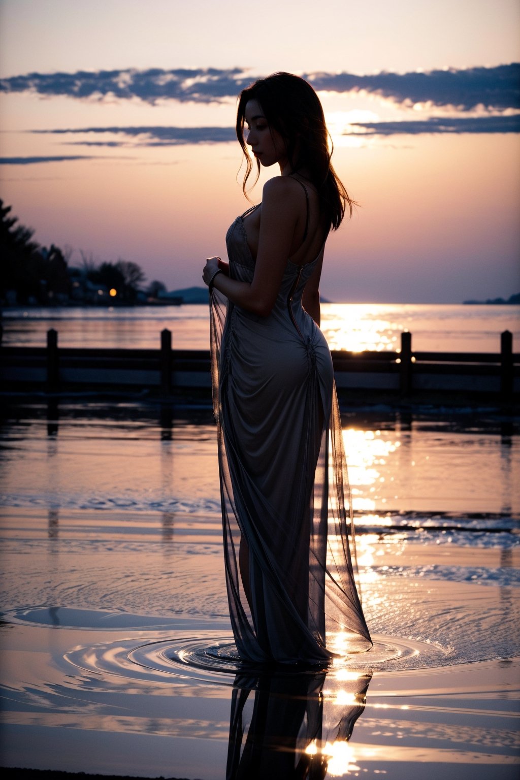 In the tranquil ambiance of a lakeside retreat at twilight, Isabella stands at the water's edge, framed by the soft, serene hues of the setting sun. The lake's surface reflects the sky's fading colors, creating a captivating mirror-like reflection.

Isabella's silhouette is striking against the twilight sky. She wears a flowing, diaphanous gown that catches the breeze, emphasizing her graceful form. Her hair is gently tousled by the evening wind, adding to the ethereal effect.

As the photographer captures the scene with a camera equipped with a telephoto lens, they focus on the interplay of light and shadow. Isabella's figure is a dark, captivating silhouette against the glowing horizon, while her reflection shimmers like a mirage on the tranquil water's surface.

The resulting photograph is a study in contrast, a harmonious blend of silhouette and reflection. Isabella stands as a mysterious figure against the twilight, her presence accentuated by the serene beauty of the natural setting. It's an image that evokes a sense of contemplation and wonder, where the boundaries between reality and reflection blur in the enchanting twilight hour.