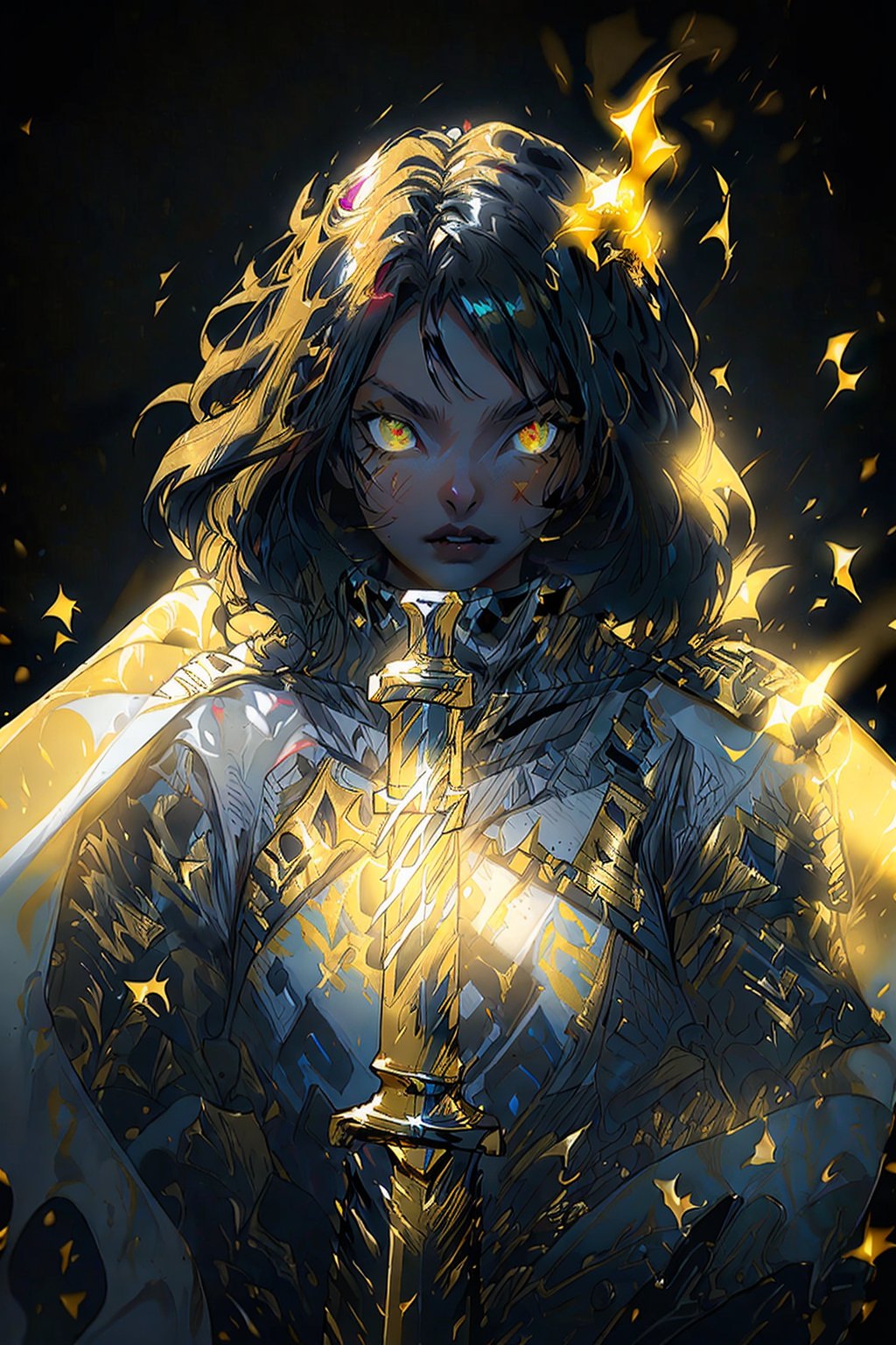 (Solo,epic female warrior wearing black and gold armor, holding golden sword by the handle, glowing yellow eyes, white cape:1.3), (black simple glowing background:1.25), ,masterpiece, best quality, wide-angle Hyperdetailed, masterpiece, best quality, 8k, natural lighting, soft lighting, sunlight,natural lighting, soft lighting, sunlight, 
