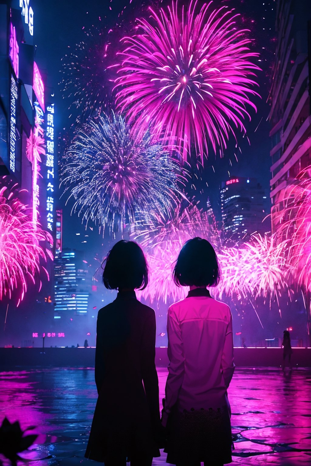 short hair, multiple girls, shirt, black hair, 2girls, flower, outdoors, sky, from behind, petals, night, plant, building, night sky, scenery, pink flower, city, facing away, fireworks,	 SILHOUETTE LIGHT PARTICLES,neon background