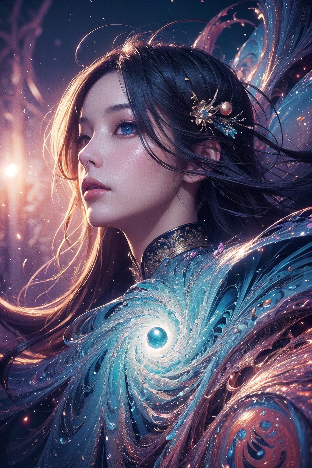(masterpiece, top quality, best quality, official art, beautiful and aesthetic:1.2), (1girl), extreme detailed,(abstract, fractal art:1.3),colorful hair,highest detailed, detailed_eyes, light_particles, ,fantasy_world