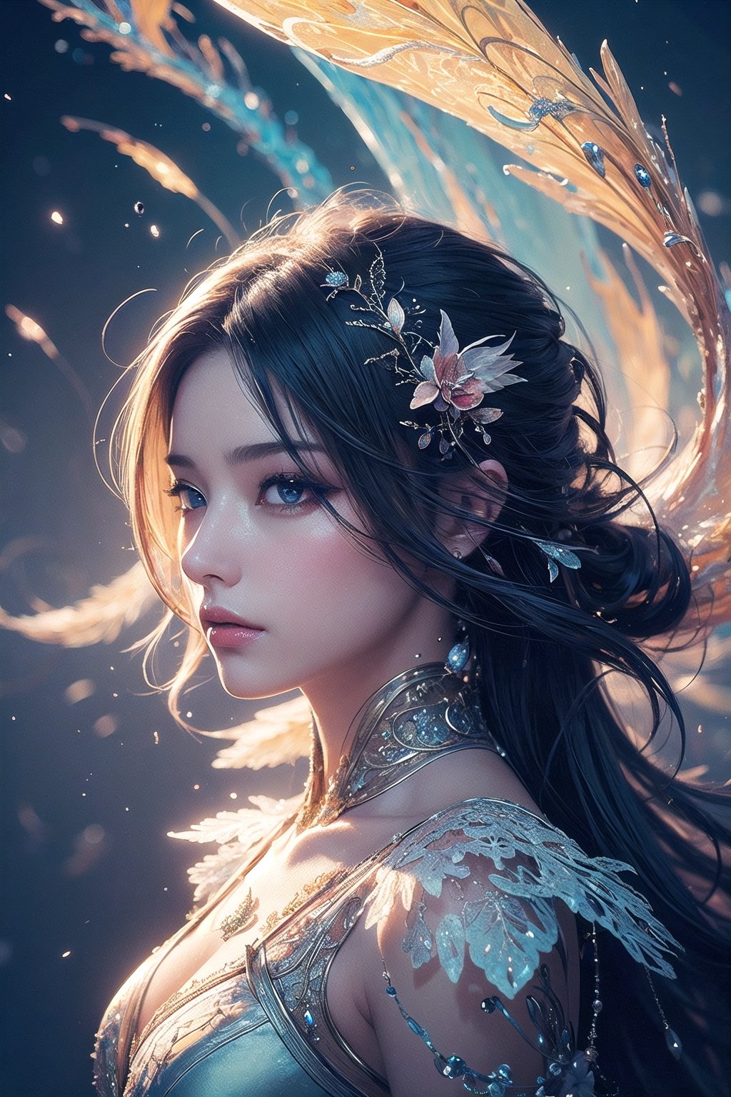 (masterpiece, top quality, best quality, official art, beautiful and aesthetic:1.2), (1girl), extreme detailed,(abstract, fractal art:1.3),colorful hair,highest detailed, detailed_eyes, light_particles, ,fantasy_world