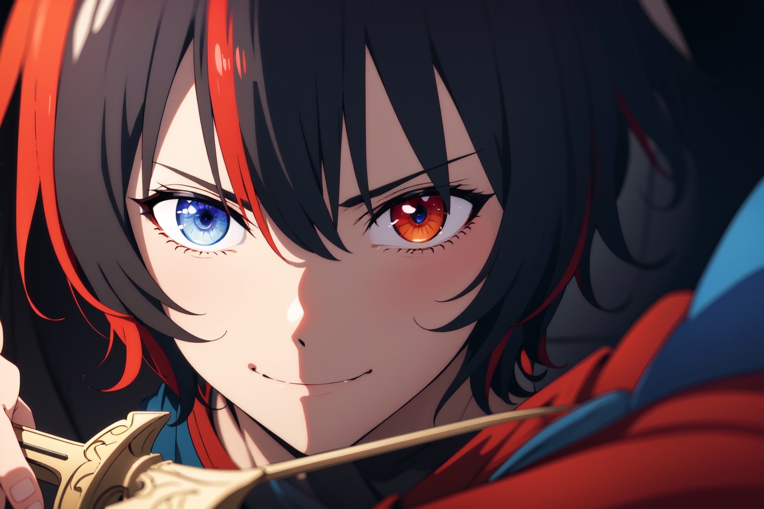 solo, looking at viewer, smile, bangs, blue eyes, black hair, 1boy, holding, closed mouth, weapon, male focus, red hair, multicolored hair, dagger sword, holding weapon, orange eyes, heterochromia, split theme, close up,4k , wallpaper 