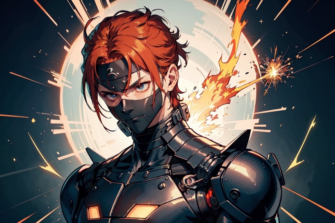 "Ninja Cyborg man Writer in a state of serene concentration. The fiery hair reflects their inner emotions, and the top hat produces sparks as they write with unparalleled precision, symbolizing the harmony of technology and nature.",