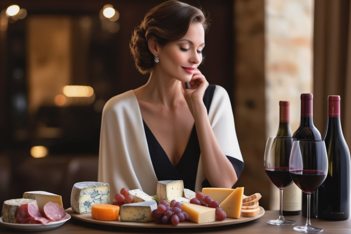 A sophisticated woman savoring a platter of gourmet cheeses, fine cold cuts, and high-quality wines, exuding elegance and refinement, extra realistic