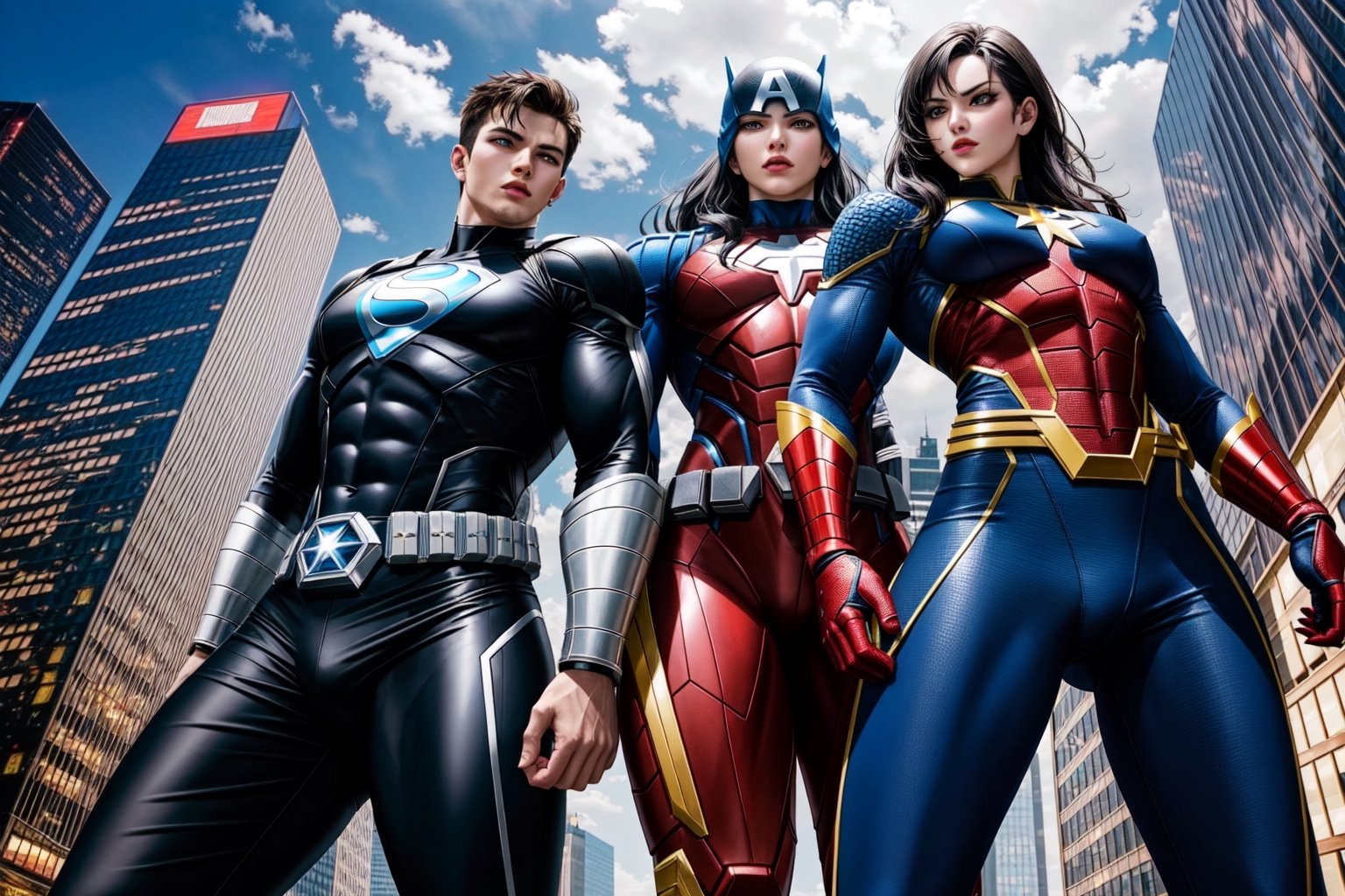 A photograph featuring a team of Marvel superheroes standing together, ready for action. The image should showcase the superheroes in their iconic costumes, displaying their unique powers and personalities. The superheroes can be arranged in a dynamic and visually appealing composition, with each character positioned to highlight their individual strengths. The background can be a cityscape or a dramatic environment that reflects the superhero team's mission. The lighting should be dramatic, emphasizing the heroic nature of the characters. The resolution should be high, capturing the details of the costumes and the expressions on the superheroes' faces.