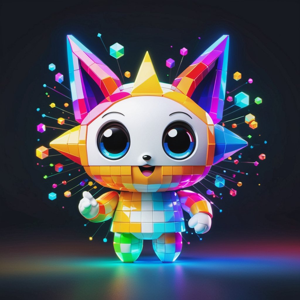 "Generate a mascot for tenten that embodies the essence of the Digital Muse as a Quantum Ghost. Imagine the Digital Muse, typically composed of pixelated elements, taking on an ethereal form as a Quantum Ghost. This ghostly character would be made of shimmering neon-colored light, while still maintaining its pixelated essence. The design should reflect the mischievous and playful expression of the Digital Muse and use a digital color palette inspired by Lexar Studio. The mascot should convey a sense of whimsy and vibrancy to express the Tensor creative community. Additionally, this mascot should be able to bring good luck and happiness to the world, inspire many, and become a standout icon within the digital art world, symbolizing both creative inspiration and the otherworldly capabilities of tensor.art's image creation."