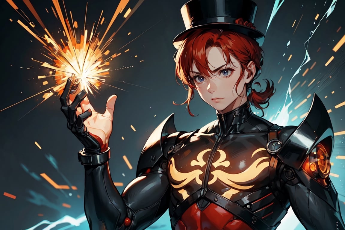 "Ninja Cyborg man Writer in a state of serene concentration. The fiery hair reflects their inner emotions, and the top hat produces sparks as they write with unparalleled precision, symbolizing the harmony of technology and nature.",