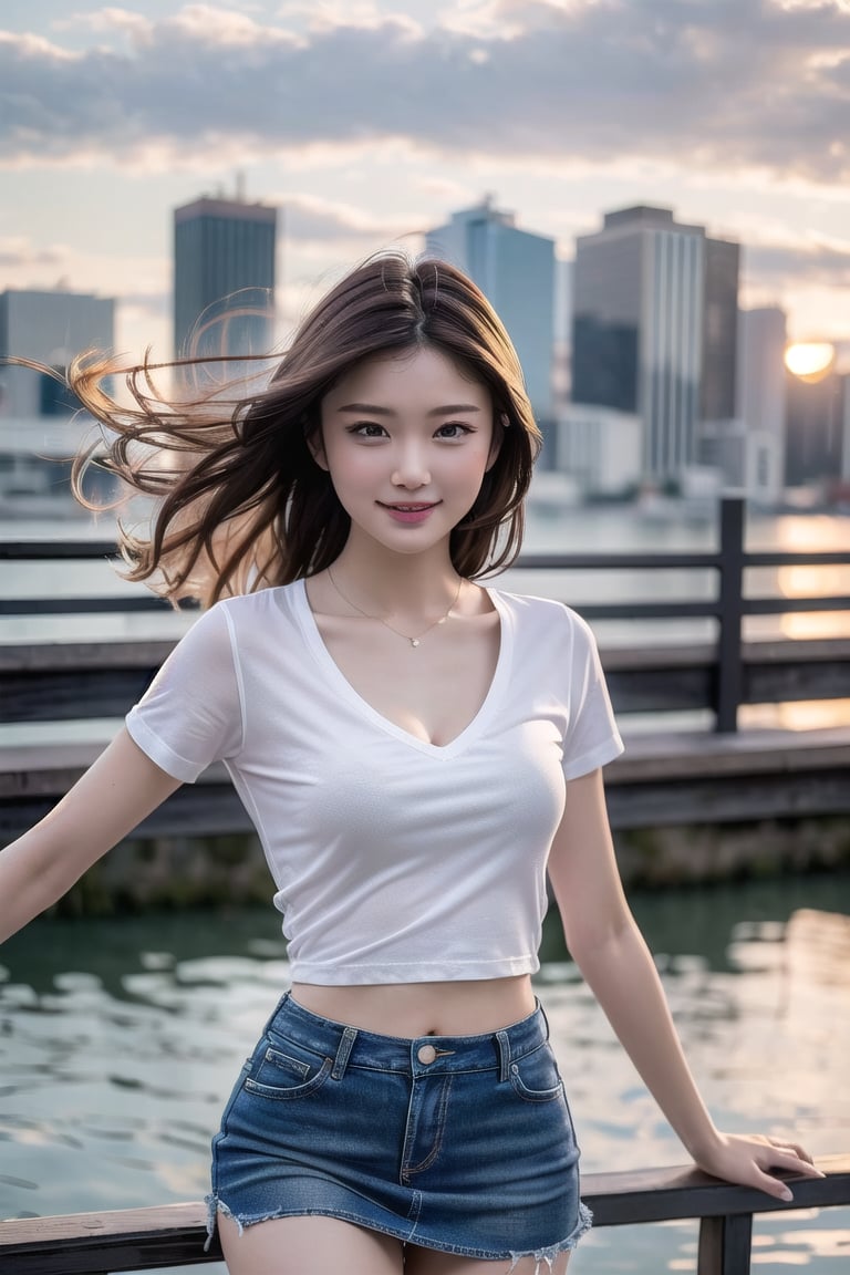 ((natta、Realistic light、top-quality、8K、​masterpiece:1.3)),1girl in,Slim Beauty:1.3
,abdominals:1.1,(brown haired,flat chest,:1.3),(white tight t-shirt: 1.3)(tight skirts:1.3),beauty legs,Super fine face,A detailed eye,cheerful,seductive smile,cleavage,denim tight skirt,dynamic pose,embarrassed face,city,sunset shines,wind,disheveled hair,floating hair