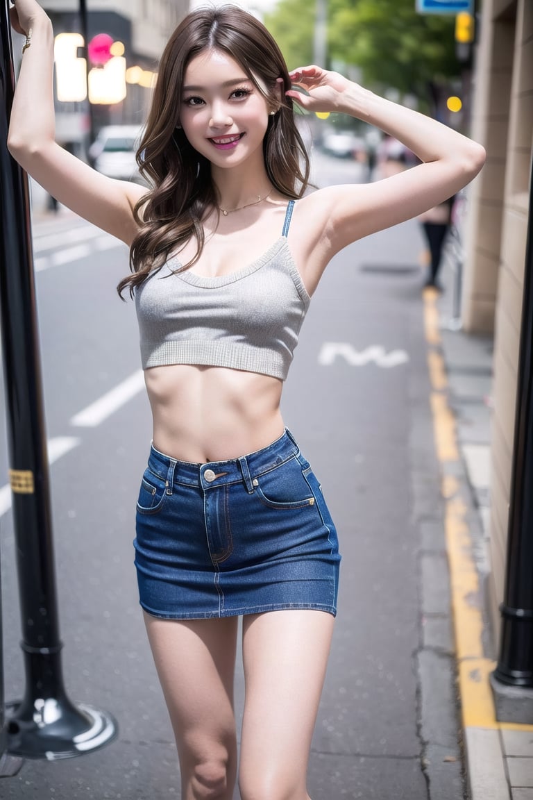 ((natta、Realistic light、top-quality、8K、​masterpiece:1.3)),1girl in,Slim Beauty:1.5
,abdominals:1.1,(brown haired,flat chest,:1.5),((sweater: 1.3)(tight skirts:1.1),beauty legs,Super fine face,A detailed eye,seductive smile,mikana_yamamoto,looking at viewer,denim tight skirt,street,open legs,dynamic pose,grin,camisole,