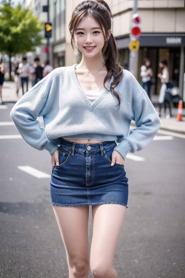 ((natta、Realistic light、top-quality、8K、​masterpiece:1.3)),1girl in,Slim Beauty:1.5
,abdominals:1.1,(brown haired,flat chest,:1.5),((sweater: 1.3)(tight skirts:1.1),beauty legs,Super fine face,A detailed eye,seductive smile,mikana_yamamoto,looking at viewer,denim tight skirt,street,open legs,dynamic pose,grin,Distorted ponytail,