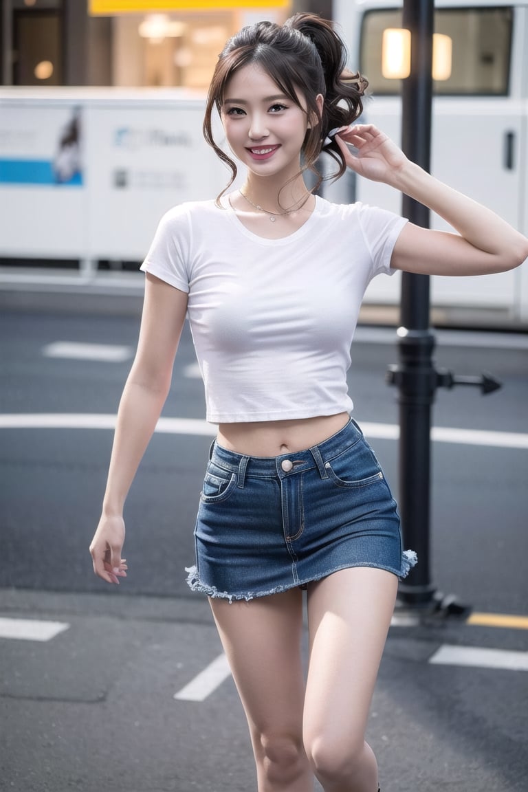 ((natta、Realistic light、top-quality、8K、​masterpiece:1.3)),1girl in,Slim Beauty:1.3
,abdominals:1.1,(brown haired,flat chest,:1.3),(white tight t-shirt: 1.7)(tight skirts:1.3),beauty legs,Super fine face,A detailed eye,cheerful,seductive smile,cleavage,denim tight skirt,Distorted ponytail,street,open legs,dynamic pose,grin,mikana_yamamoto