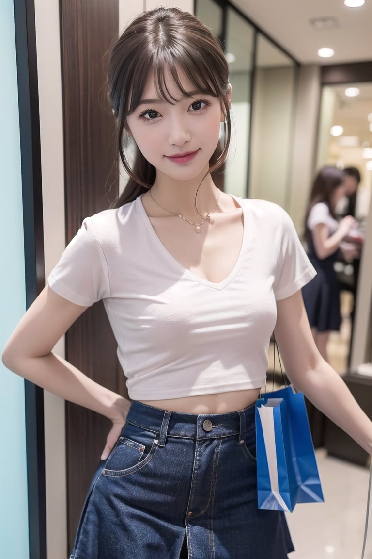 ((natta、Realistic light、top-quality、8K、​masterpiece:1.3)),1girl in,Slim Beauty:1.3
,abdominals:1.1,(brown haired,flat chest,:1.3),(white tight t-shirt: 1.3)(tight skirts:1.3),beauty legs,Super fine face,A detailed eye,cheerful,seductive smile,cleavage,denim tight skirt,embarrassed face,shopping,