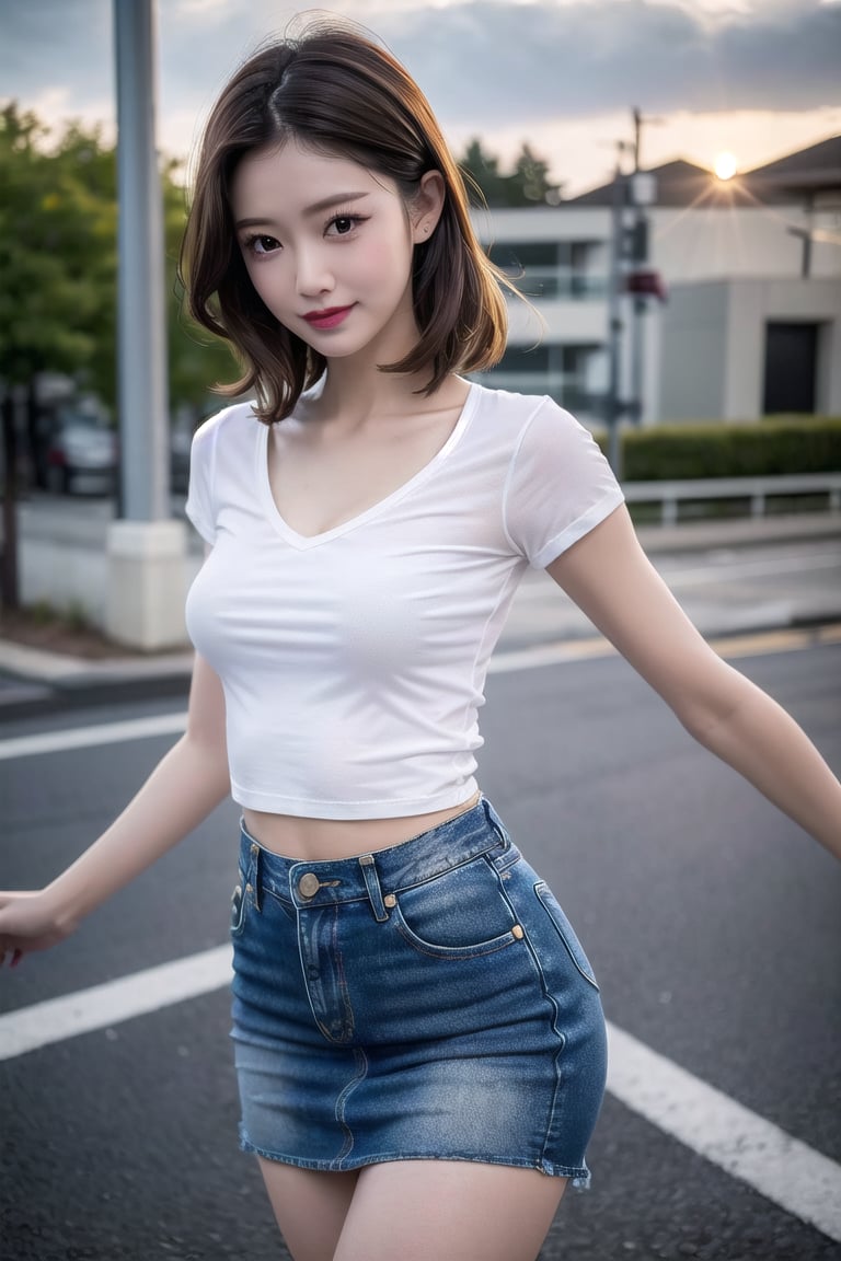 ((natta、Realistic light、top-quality、8K、​masterpiece:1.3)),1girl in,Slim Beauty:1.3
,abdominals:1.1,(brown haired,flat chest,:1.3),(white tight t-shirt: 1.3)(tight skirts:1.3),beauty legs,Super fine face,A detailed eye,cheerful,looking at viewer,seductive smile,cleavage,denim tight skirt,dynamic pose,embarrassed face,city,sunset shines,wind,disheveled hair,floating hair,selfie,