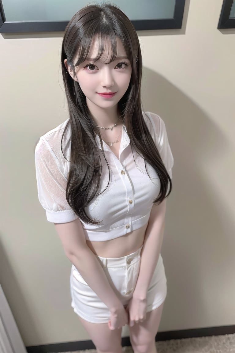 ((natta、Realistic light、top-quality、8K、​masterpiece:1.3)),1girl in,Slim Beauty:1.2
,abdominals:1.1,(Blond straight haired,flat chest,:1.1),(White Button Long Shirt: 1.1),beauty legs,Super fine face,A detailed eye,cheerful,seductive smile,high_school_girl,mikana_yamamoto, from above, looking at viewer,jeongyeon