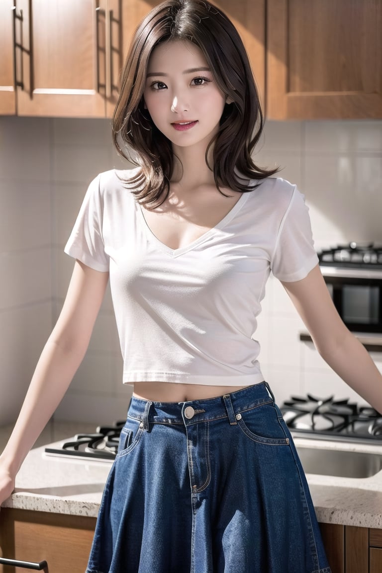 ((natta、Realistic light、top-quality、8K、​masterpiece:1.3)),1girl in,Slim Beauty:1.3
,abdominals:1.1,(brown haired,flat chest,:1.3),(white tight t-shirt: 1.3)(tight skirts:1.3),beauty legs,Super fine face,A detailed eye,cheerful,seductive smile,cleavage,denim tight skirt,counter kitchen,dynamic pose,embarrassed face,