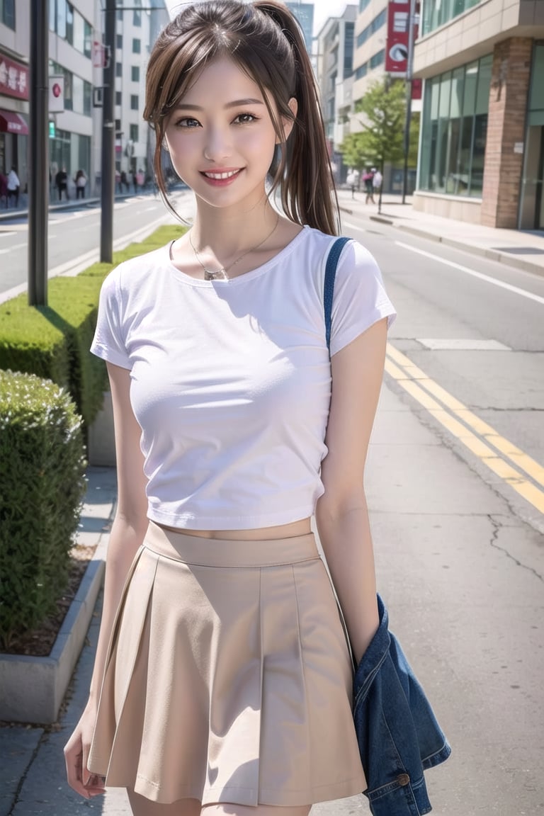 ((natta、Realistic light、top-quality、8K、​masterpiece:1.3)),1girl in,Slim Beauty:1.3
,abdominals:1.1,(brown haired,flat chest,:1.3),(white tight t-shirt: 1.5)(tight skirts:1.3),beauty legs,Super fine face,A detailed eye,cheerful,seductive smile,cleavage,denim tight skirt,Distorted ponytail,street,open legs,dynamic pose,grin