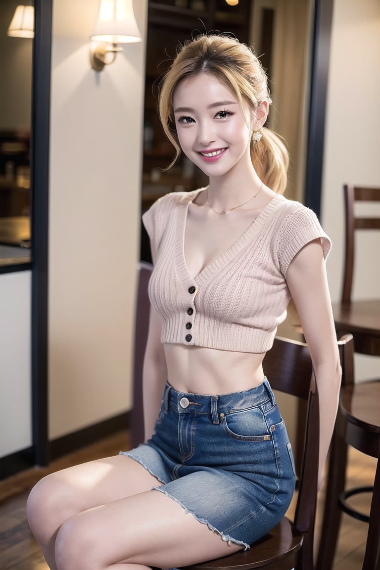 ((natta、Realistic light、top-quality、8K、​masterpiece:1.3)),1girl in,Slim Beauty:1.2
,abdominals:1.1,(Blond straight haired,flat chest,:1.5),(open-chest sweater: 1.3)(tight skirts:1.3),beauty legs,Super fine face,A detailed eye,cheerful,seductive smile,mikana_yamamoto,looking at viewer,Distorted ponytail,denim tight skirt,cafe,chair,knee up,open legs,grin,Dimple