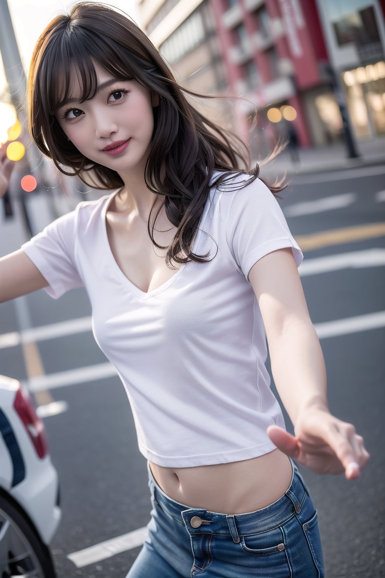 ((natta、Realistic light、top-quality、8K、​masterpiece:1.3)),1girl in,Slim Beauty:1.3
,abdominals:1.1,(brown haired,flat chest,:1.3),(white tight t-shirt: 1.3)(tight skirts:1.3),beauty legs,Super fine face,A detailed eye,cheerful,seductive smile,cleavage,denim tight skirt,dynamic pose,embarrassed face,city,sunset shines,wind,disheveled hair,floating hair,outstretched hand,outstretched arms,