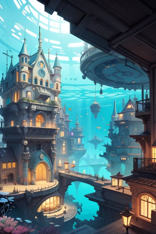 aquatic city, futuristic underwater city, Atlantis city, underwater city, wonderful underwater city, large city, huge city, golden buildings