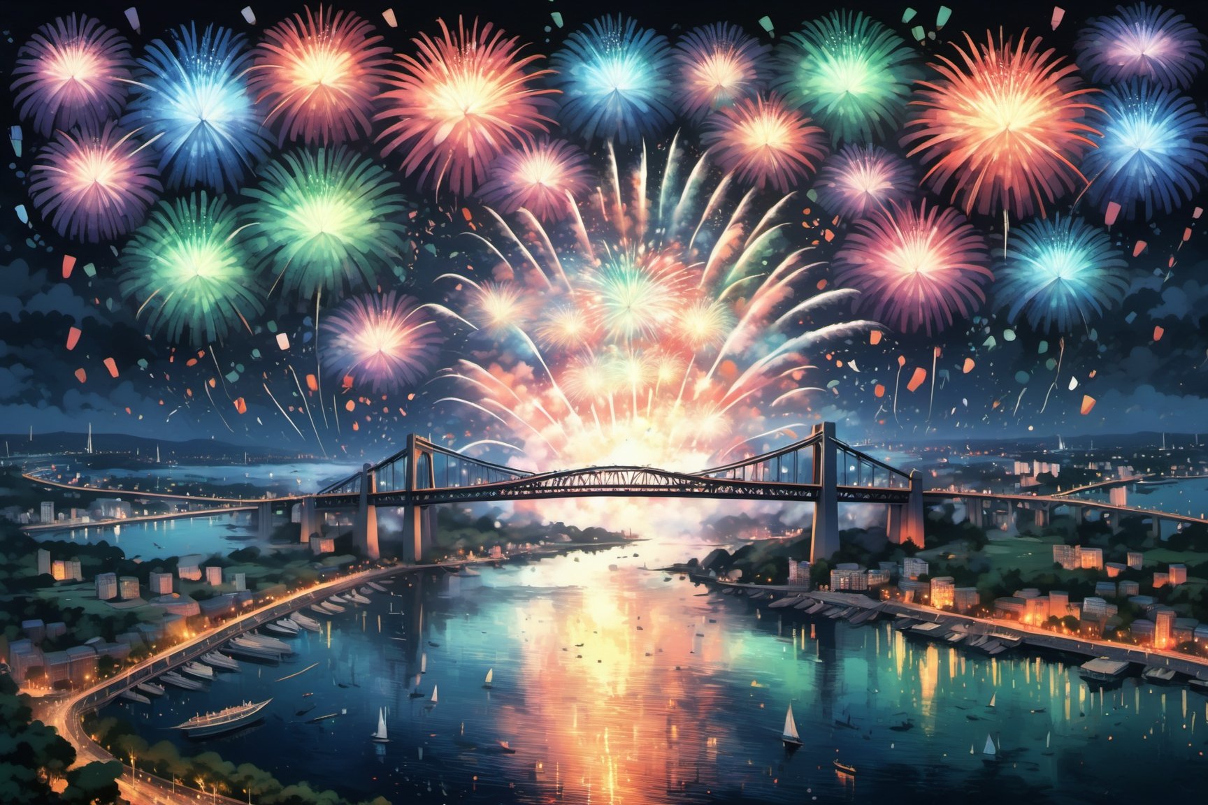 big colorful beautiful fireworks over a harbor bridge, highly detailed, masterpiece, EpicSky,Magical Fantasy style,origami style,