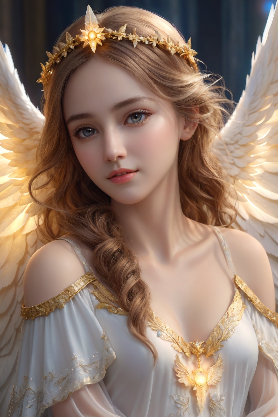 (best quality, masterpiece:1.2, photorealistic:1.4, highly detailed), a close-up portrait of 1 beautiful girl like an angel, representing celestial beauty, detailed angel wings, glowing holy light, sharp-focus, (slightly smiling), realistic detailed skin texture, high resolution, masterpiece, very realistic, An angel ,Magical Fantasy style,
