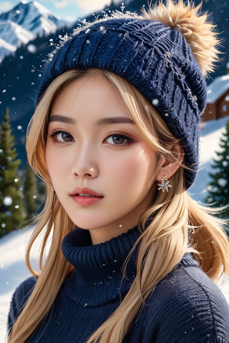 (masterpiece, best quality, photorealistic, ultra-detailed, finely detailed, high resolution), 1 beautiful asian woman, wearing a fashionable knit cap, navy turtleneck sweater, blonde medium-length messy hair, earrings, necklace, beautiful detailed eyes, realistic detailed skin texture, in the snowy mountain, sharp-focus, like a cover of a fashion magazine, xxmix_girl,beautymix,FilmGirl,cutegirlmix