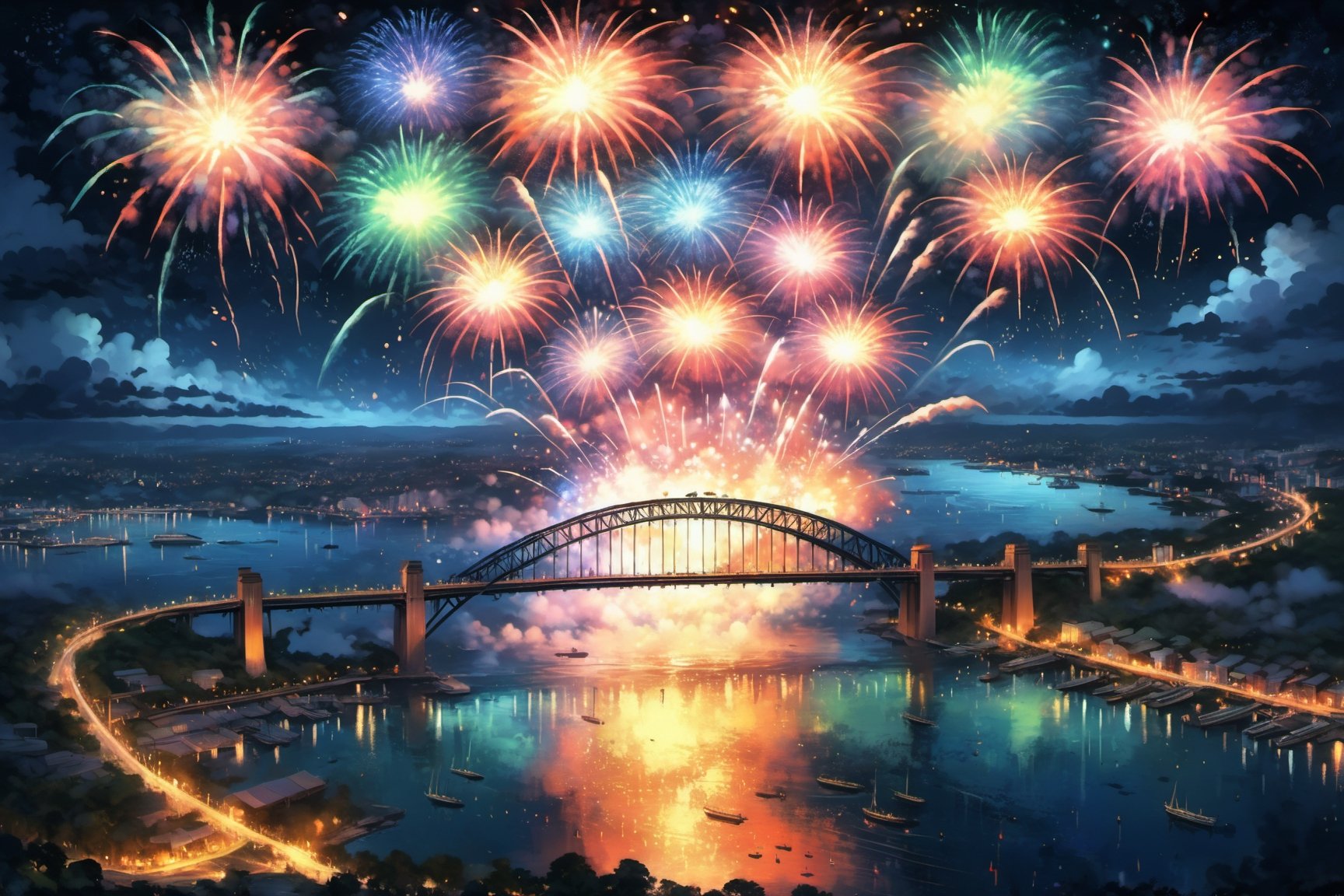 big colorful beautiful fireworks over a harbor bridge, highly detailed, masterpiece, EpicSky,Magical Fantasy style