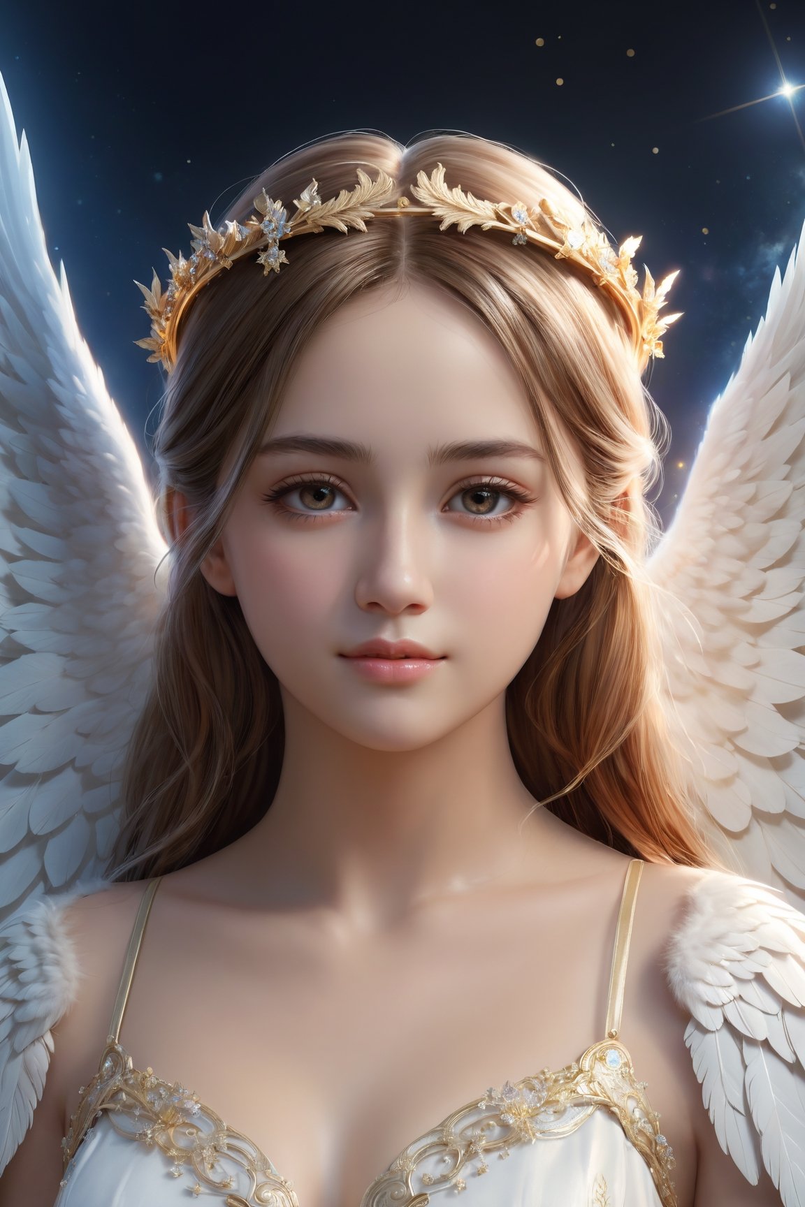 (best quality, masterpiece:1.2, photorealistic:1.4, highly detailed), a close-up portrait of 1 beautiful girl like an angel, representing celestial beauty, detailed angel wings, glowing holy light, sharp-focus, (slightly smiling), realistic detailed skin texture, high resolution, masterpiece, very realistic, An angel ,Magical Fantasy style,