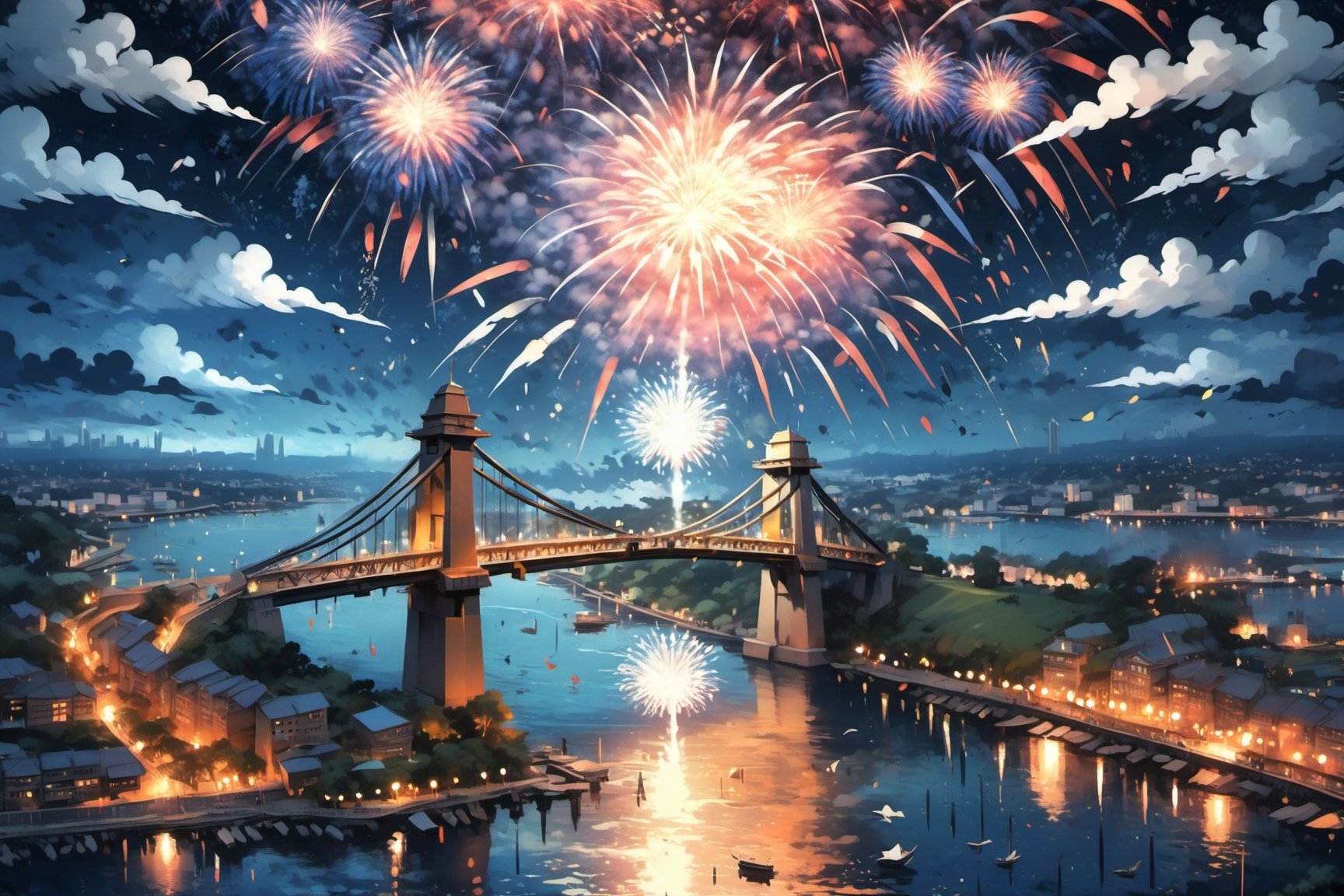 1 beautiful firework over a harbor bridge, highly detailed, masterpiece, EpicSky,Magical Fantasy style,origami style,