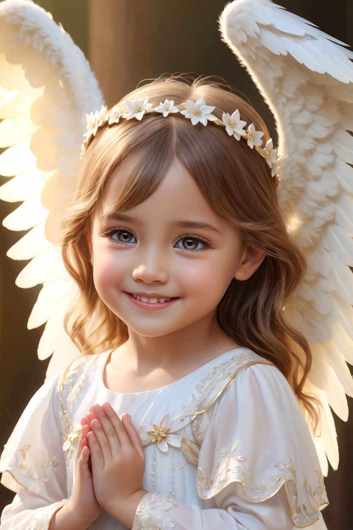 (best quality, masterpiece:1.2, photorealistic:1.4, highly detailed), a close-up portrait of 1 beautiful girl aged 5yo like an angel, representing celestial cuteness, detailed angel wings, glowing holy light, sharp-focus, (smiling happily), beautiful detailed eyes, realistic detailed skin texture, high resolution, masterpiece, very realistic, An angel ,Magical Fantasy style,