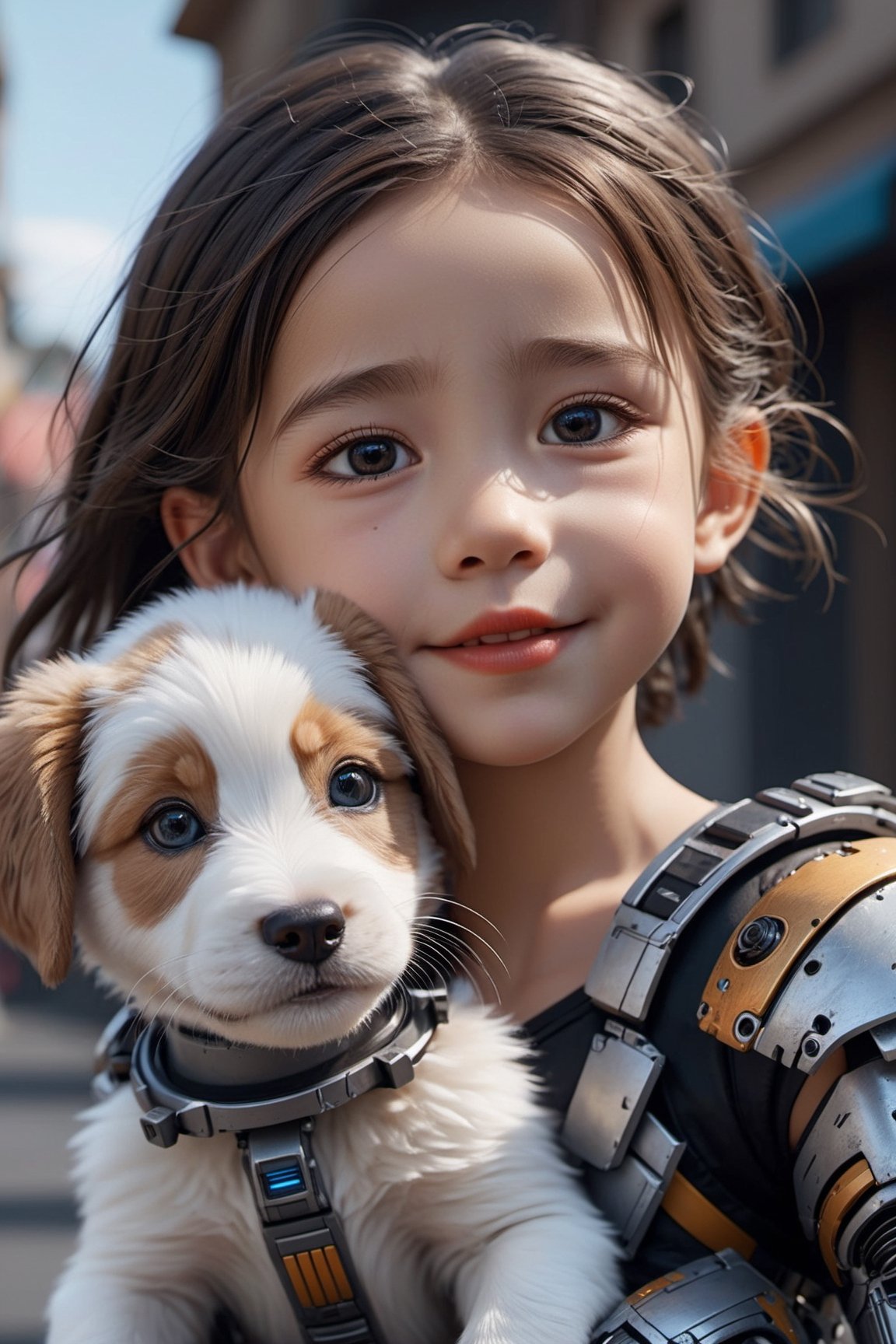 1 cute cyborg girl, 5yo, kissing a cute puppy, in a devastated city, highly detailed, beautiful detailed face, smile, beautiful detailed eyes, realistic hair, realistic skin texture, side view, 8k resolution, masterpiece, cyborg style,3d style