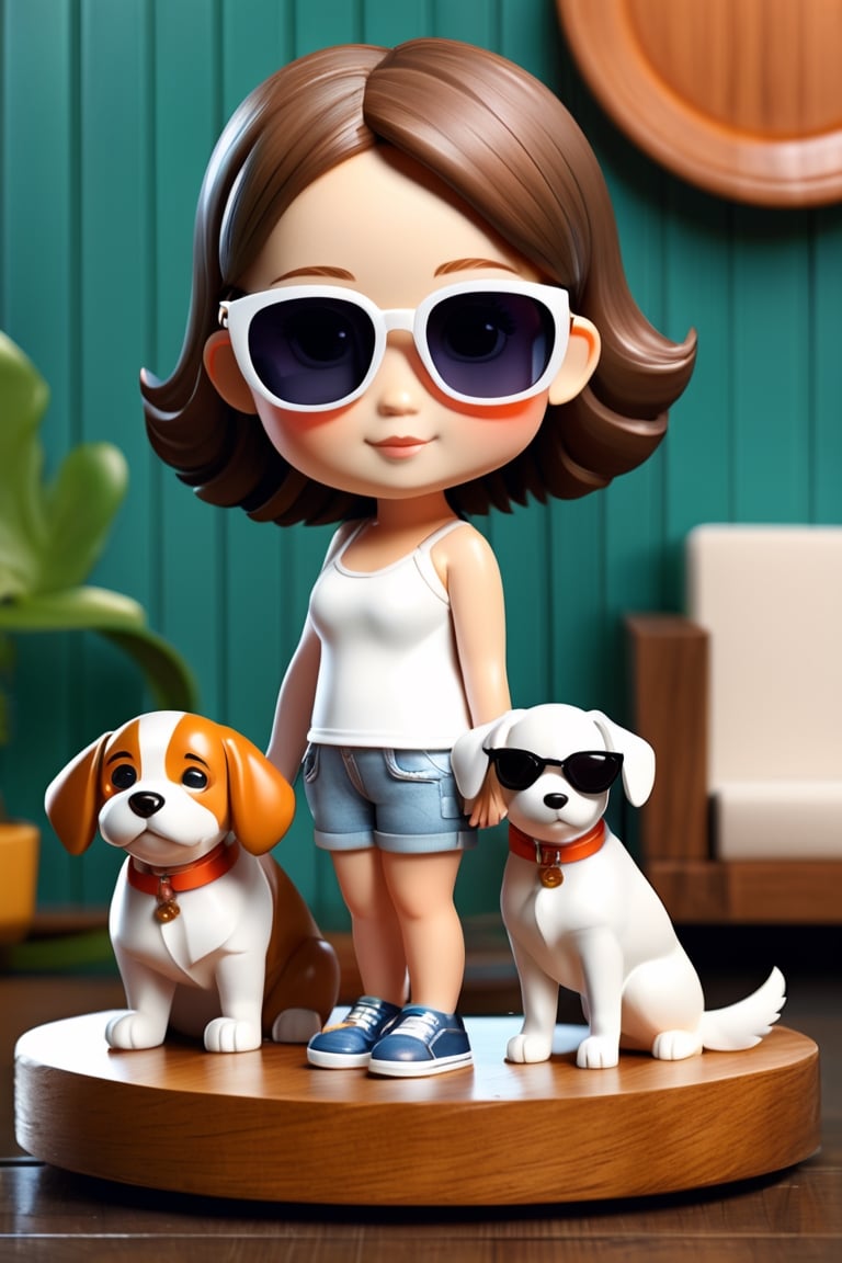 (best quality,masterpiece, photorealistic, highly detailed), 1 beautiful girl with ((white tank top)), short pants, sunglasses, and 1 cute dog, on a wooden round plate, simple background, 3d figure