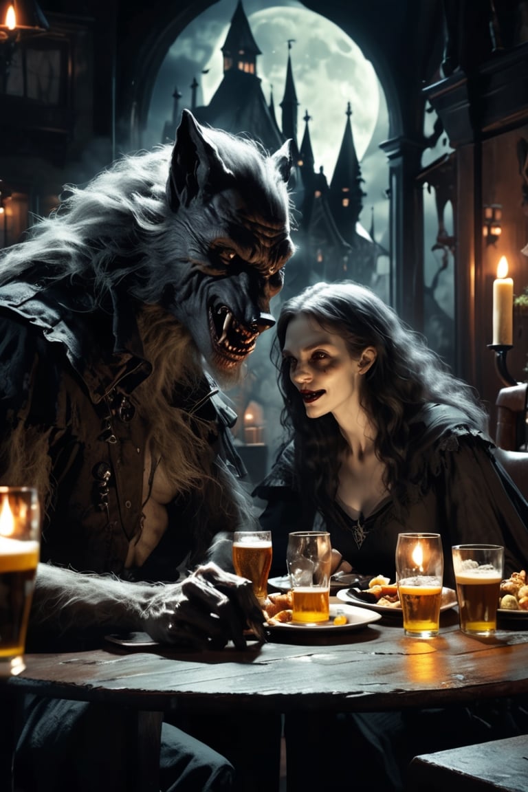 1 werewolf, 1 beautiful witch, dining together in a restaurant, beer on the table, halloween image, cinematic, dimly lit, at night, high definition, highly detailed, masterpiece