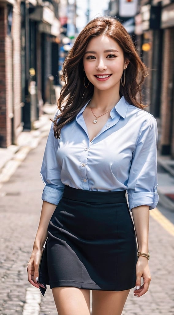 (photorealistic, masterpiece, best quality, highly detailed), ((1 beautiful business woman)), asian girl, large-sized breasts, beautiful face, beautiful eyes, smiling, medium-lengh light-brown bob hair, detailed face, detailed eyes, earrings, necklace, wearing short-sleeved business blouse, (black mini-skirt), beautiful long legs, realistic detailed skin texture, detailed hair, walking on a street, 8k resolution, close-up portrait, sharp-focus