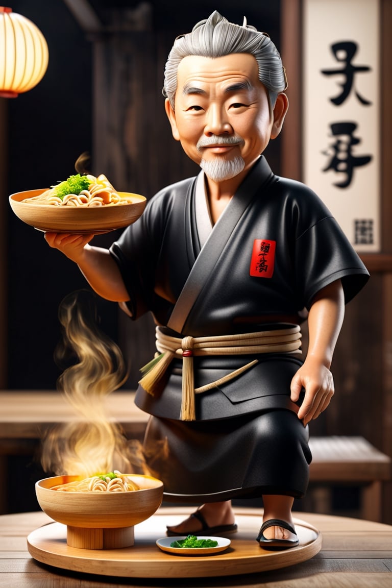 (best quality,masterpiece, photorealistic, highly detailed), 1 ramen shop master aged 60, wearing a black t-shirt, on a wooden round plate, simple background, 3d figure