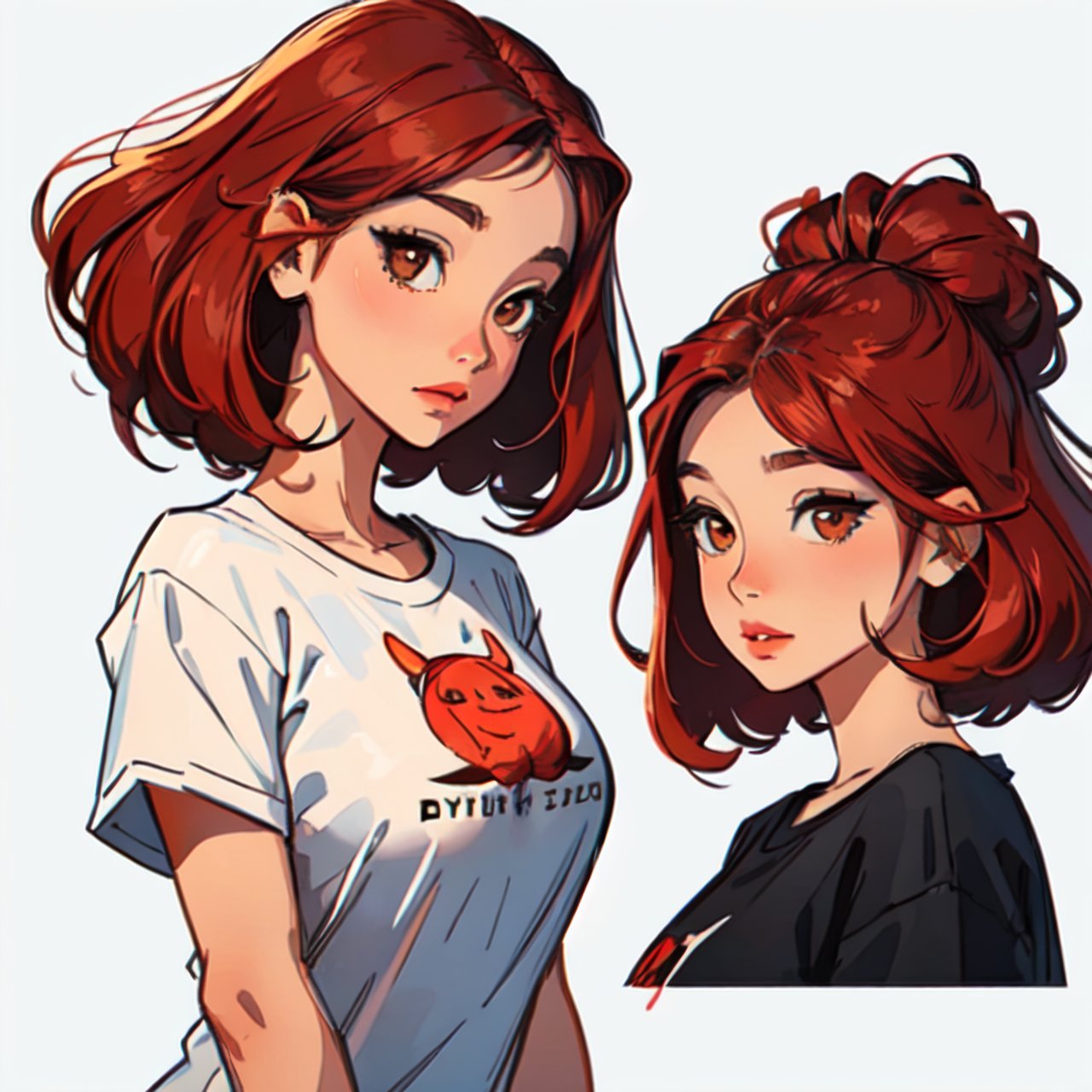 one girl with oriental and egyptian features, big brown eyes, flowing red hair and silky skin, a very complex digital art for t shirt design, illustration, vector art, in white background, detailed,