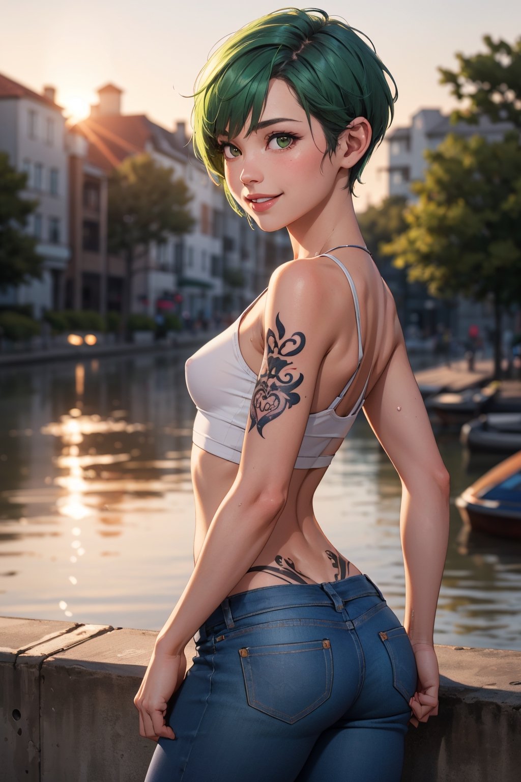 1girl,  cute beautiful skinny petite 30-year-old pixie girl,  short apple green hair pixie cut,  arm tattoo,  embarrased smile, posing in the sunset, wearing small tshirt and jeans, revealing pussy, pokies, [tan lines],  realistic swollen pussy [leaking grool],  labia, (flat-chested), (tiny) ass,  highly detailed,  realistic,  highest quality,  masterpiece photo,  nsfw,  solo, clothes pull