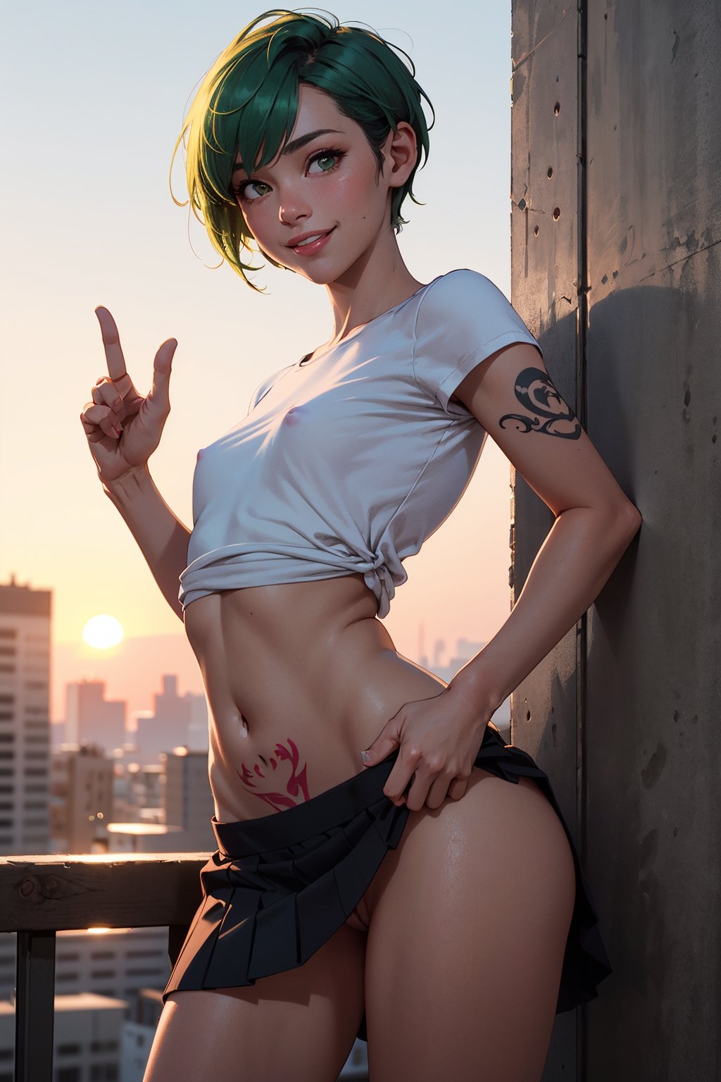 1girl,  cute beautiful skinny petite 30-year-old pixie girl,  short apple green hair pixie cut,  arm tattoo,  embarrased smile, posing in the sunset, wearing small tshirt and skirt,  upskirt, from below, pokies, [tan lines],  realistic swollen pussy [leaking grool],  labia, (flat-chested), (tiny) ass,  highly detailed,  realistic,  highest quality,  masterpiece photo,  nsfw,  solo