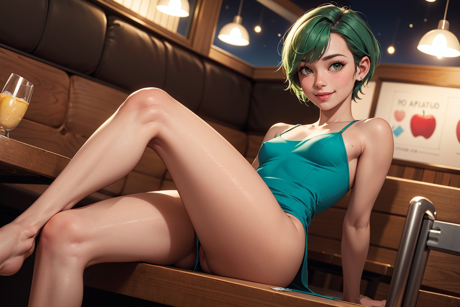 1girl,  cute beautiful skinny petite 30-year-old pixie girl,  short apple green hair pixie cut,  arm tattoo,  embarrased smile, legs open in a restaurant booth at night, wearing small vibrant dress,  upskirt, pokies, [tan lines],  close-up of realistic swollen pussy [leaking grool],  labia, (flat-chested), (tiny) ass,  highly detailed,  beautiful hands,  realistic,  highest quality,  masterpiece photo,  nsfw