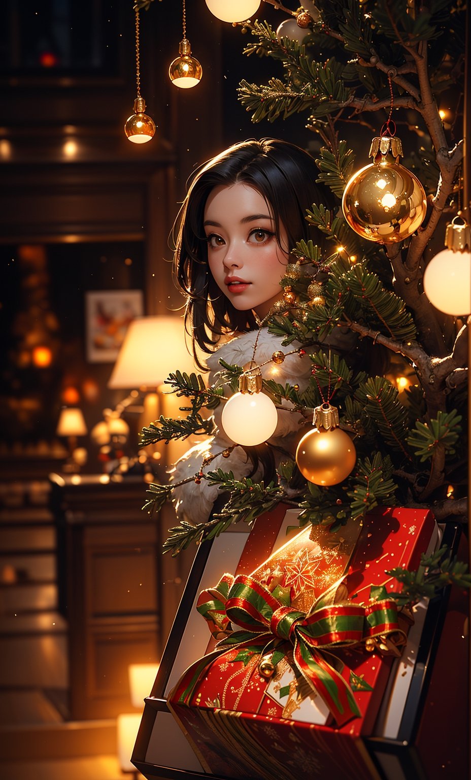 (Masterpiece, Top Quality, Top Quality, Official Art, Aesthetic:1.2), (1girl), Beautiful Girl in Christmas Costume, Extremely Detailed, Christmas Decoration, (Christmas Box, Christmas, Candy, Gold Bell, Ornament, Christmas Tree), Living Room, ( Fractal Art:1.3), supremely detailed, landscapes, lights, twinkling,Christmas,sntdrs