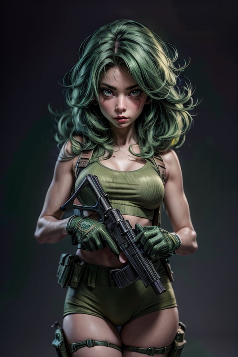 mujer, pelo verde, ojos verdes, detallado, con una shootgun, enfadada, hambiente hostil de zona de guerra, accion shot, dinamic pose, 