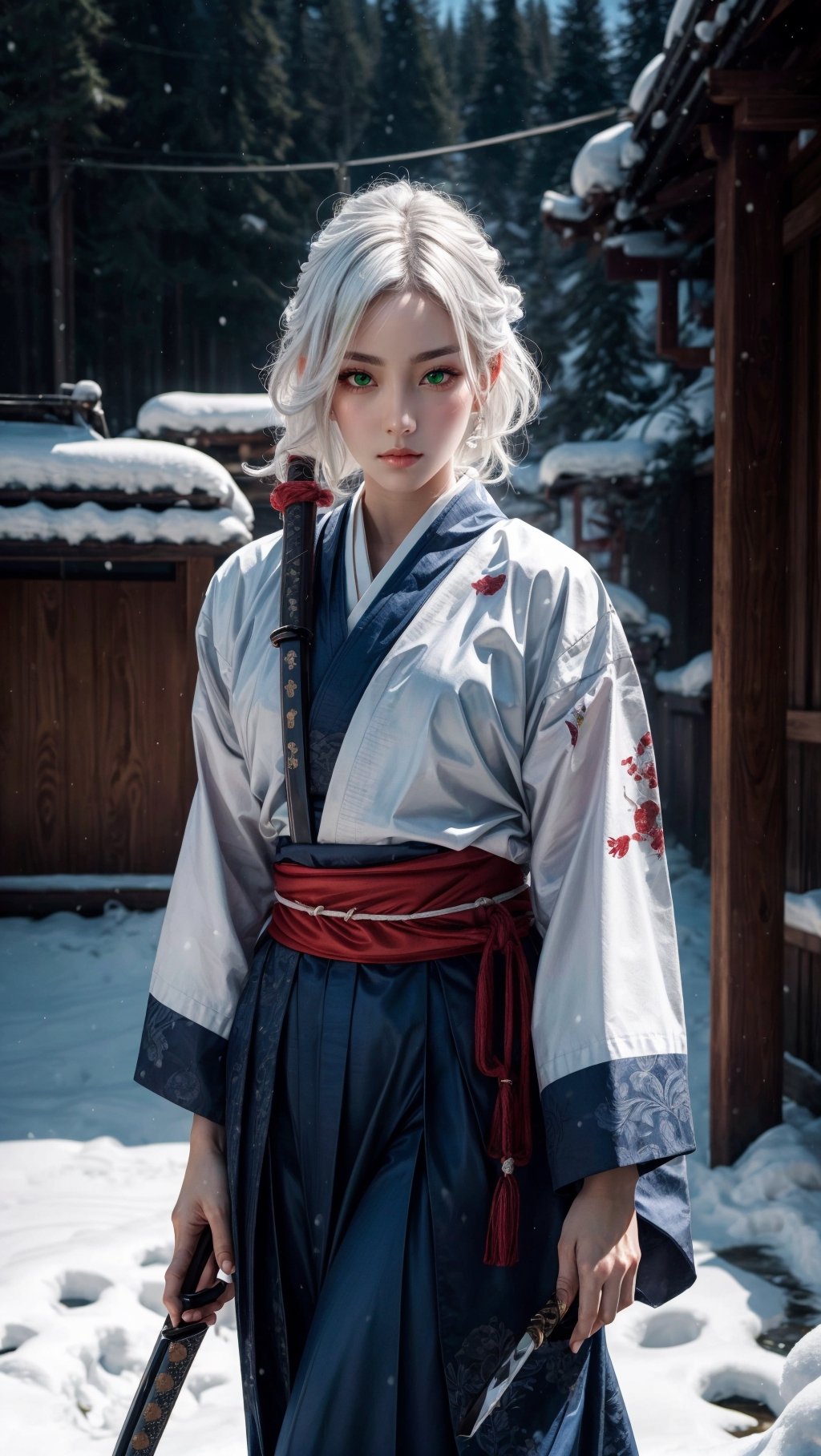 {{{masterpiece}}}, {{{best quality}}}, {{{ultra-detailed}}}, {cinematic lighting}, {illustration}, 1girl,samurai girl,white hair,long hair,hair over front,tight blue hakama,katana,unsheathing katana,snowy background,bloody snow, ,Samurai girl,guweiz style,wo_jenwh1te01