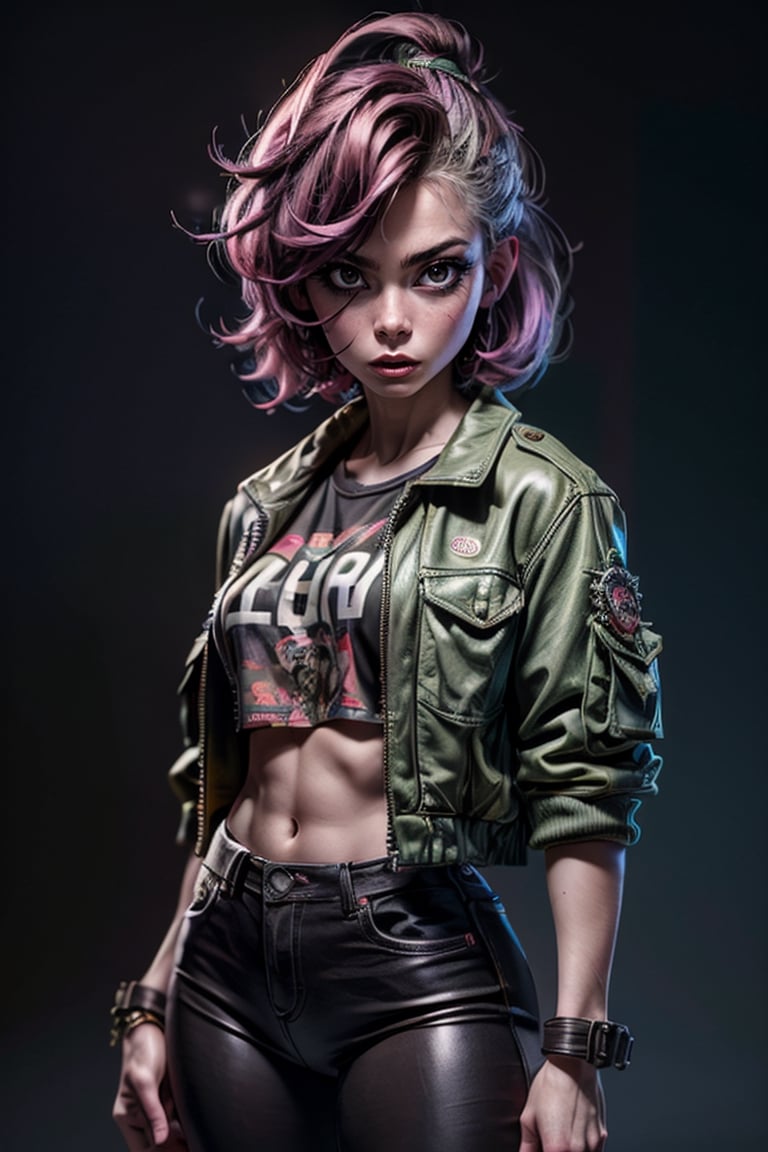 mujer madura, 30 corte de pelo rapado lateral, cicatriz ojo derecho, rude, punk,uniform,kawacy art, , detallado, , badass, hambiente hostil de zona de guerra, accion shot, dinamic pose, 